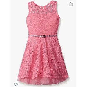 Beautees Girls Belted Pink Lace Skater Dress SZ 5